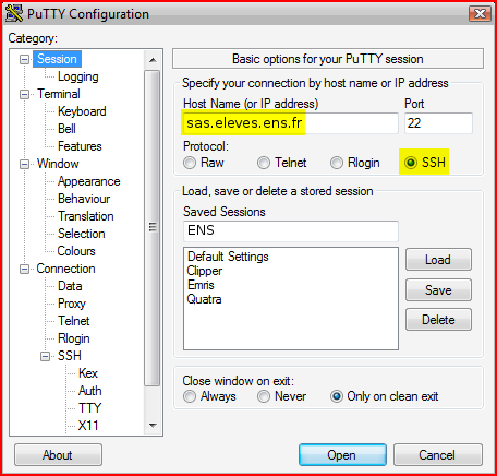 Configuration de l'onglet Session