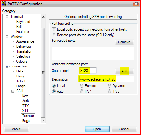 Configuration de l'onglet Tunnel